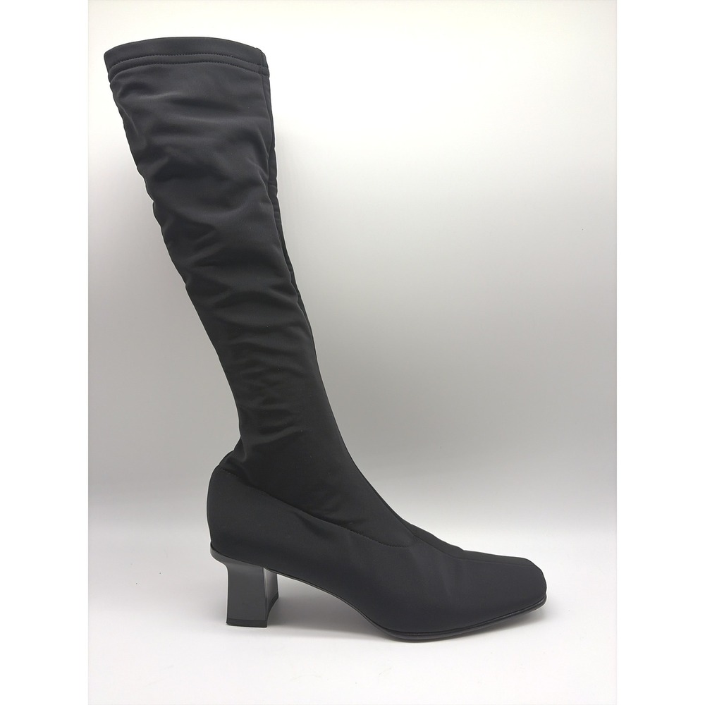 Anne Klein Black Stretch Fabric Knee High Square Toe Block Heel Boots Size 8M